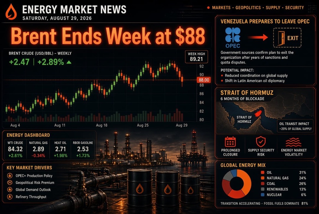 Oil and Gas News - Saturday, August 29, 2026: Venezuela Prepares to Exit OPEC, Brent Closes Week at $88, Six Months of Hormuz Strait Blockade