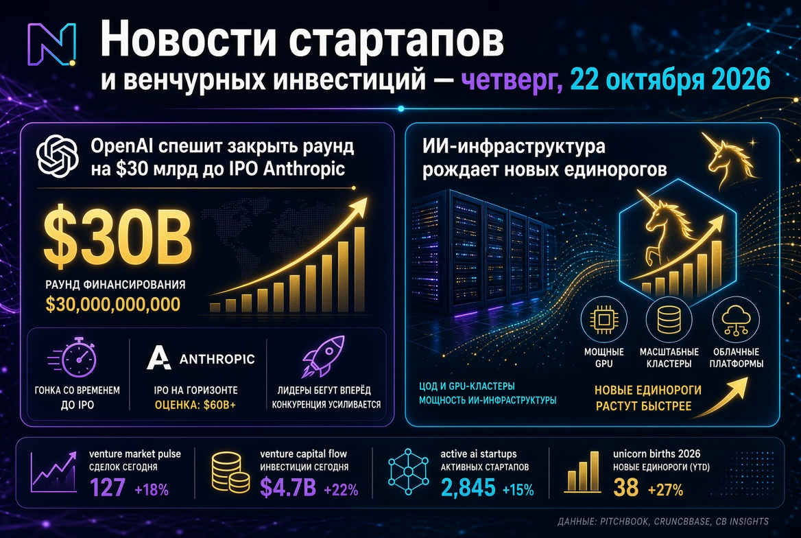 Startup and Venture Investment News — Thursday, October 22, 2026: OpenAI rushes to close a $30 billion round ahead of the Anthropic IPO, while AI infrastructure births new unicorns.