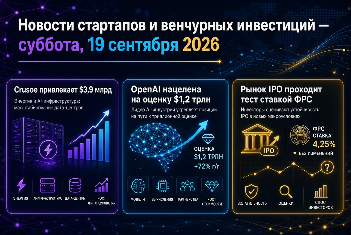 Startup and Venture Capital News — Saturday, September 19, 2026: Crusoe Raises $3.9 Billion, OpenAI Targets $1.2 Trillion, IPO Market Tested by Fed Rate