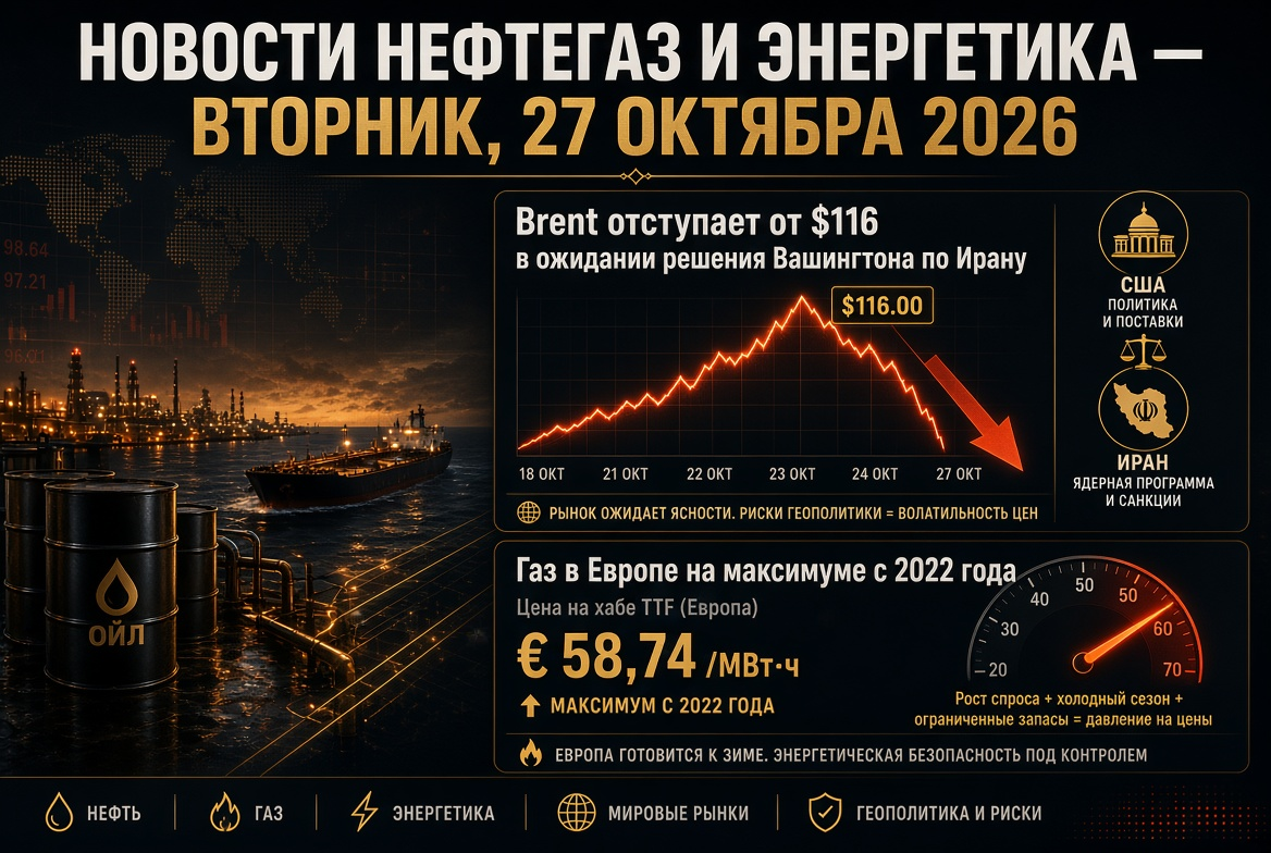 Oil and Gas News — Tuesday, October 27, 2026: Brent Retreats from $116 in Anticipation of Washington's Decision on Iran, European Gas at Peak Since 2022