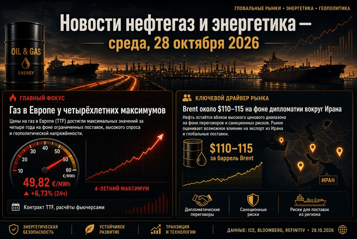 Oil and Gas News - Wednesday, 28 October 2026: Gas in Europe at Four-Year Highs, Brent Around $110–115 Amid Iran Diplomacy