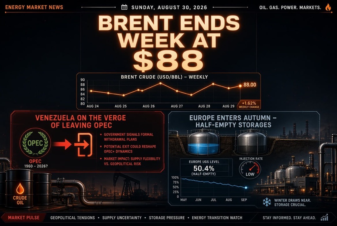 Oil and Gas News — Sunday, August 30, 2026: Venezuela on the brink of exiting OPEC, Brent closes the week at $88, Europe enters autumn with half-empty gas storage