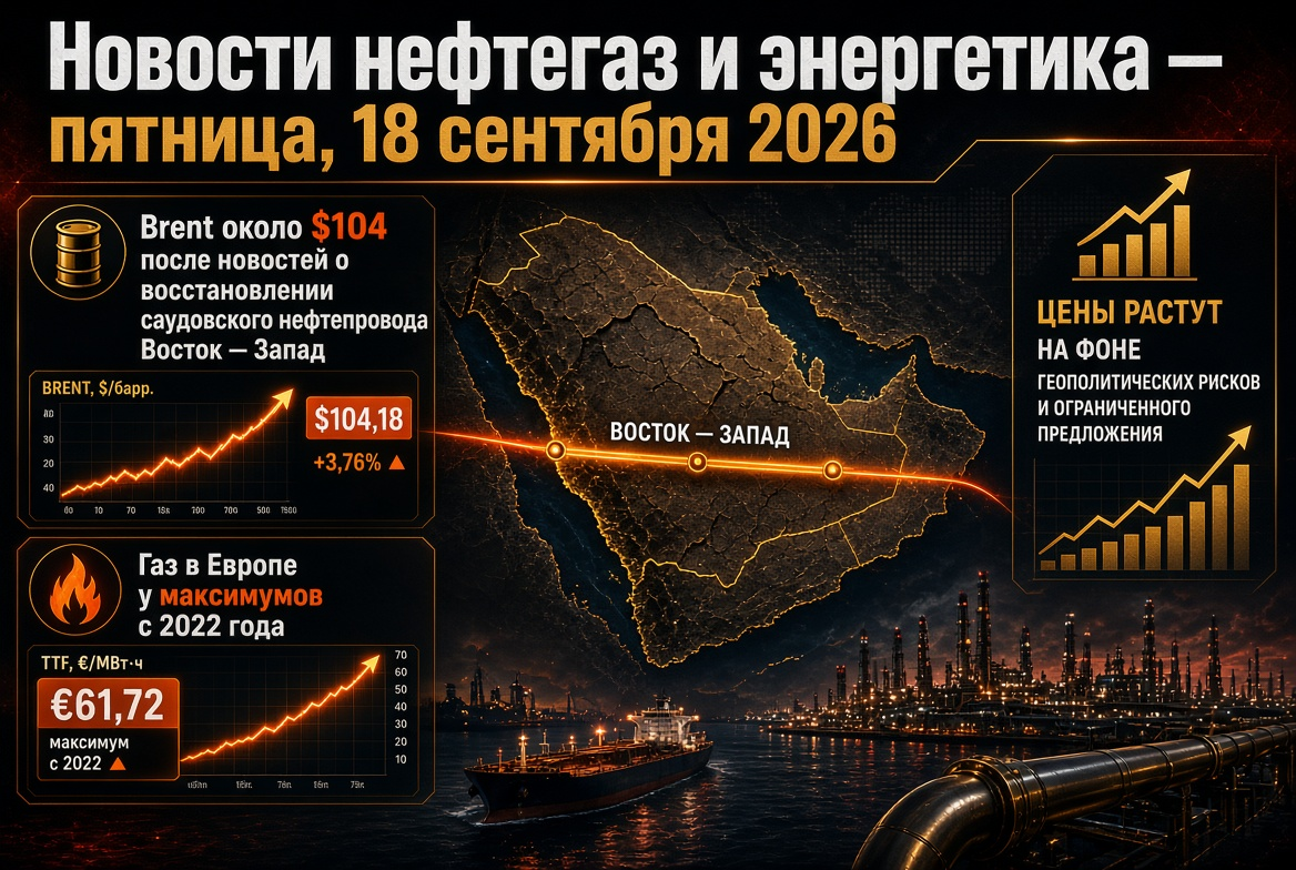Oil and Gas News and Energy — Friday, 18 September 2026: Brent around $104 after news of the restoration of the Saudi East-West pipeline, gas in Europe at 2022 highs