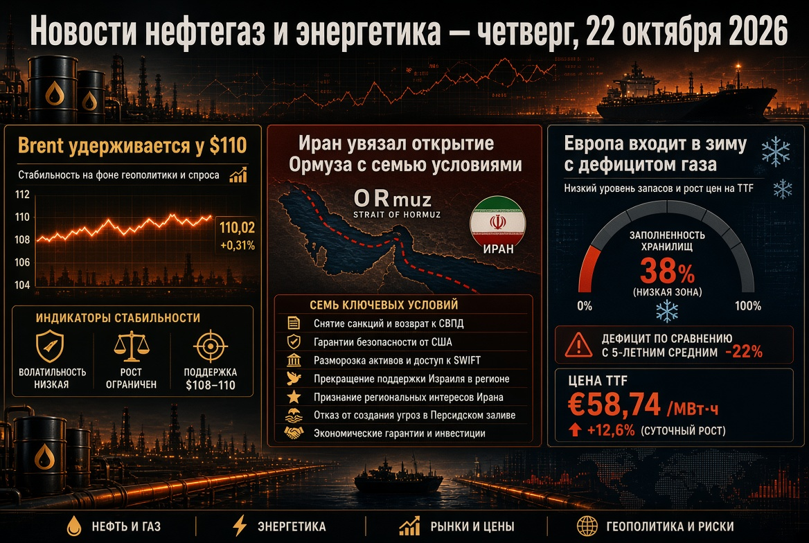 Oil and Gas News - Thursday, October 22, 2026: Brent holds at $110, Iran ties the opening of Hormuz to seven conditions, Europe enters winter with gas shortages.