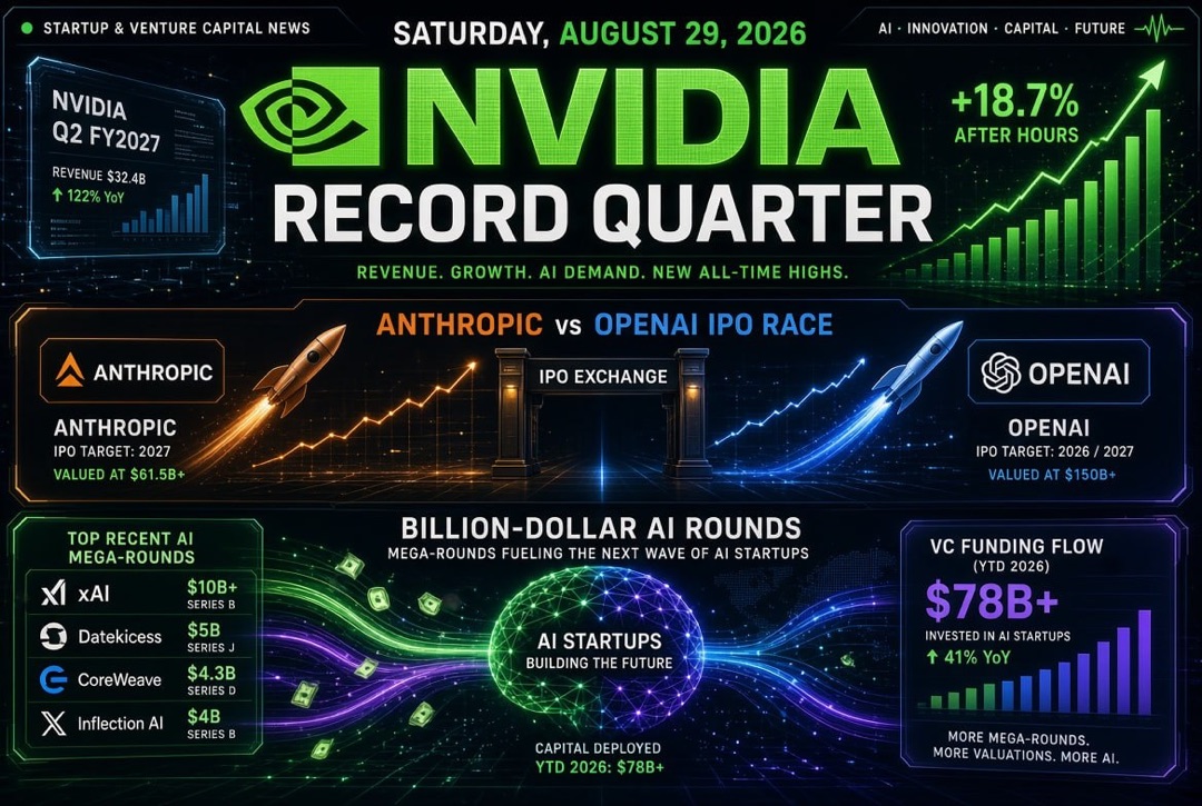Startup and Venture Investment News — Saturday, August 29, 2026: Nvidia's Record Quarter, Anthropic and OpenAI IPO Race, and Billion-Dollar AI Rounds