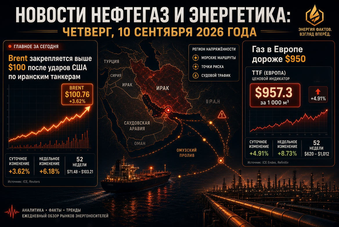 Oil and Gas News: Thursday, September 10, 2026 — Brent Secures Above $100 After US Strikes on Iranian Tankers, Gas in Europe Over $950