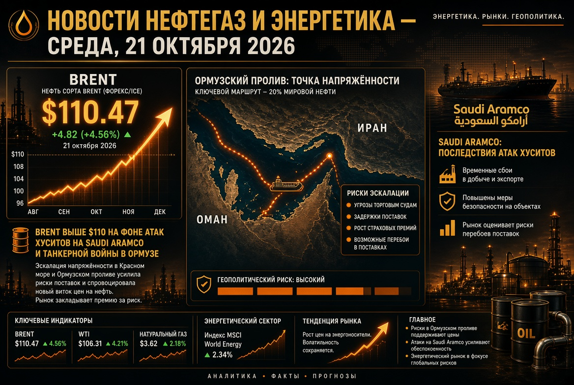 Oil and Gas News - Wednesday, October 21, 2026: Brent Surges Above $110 Due to Houthi Attacks on Saudi Aramco and Tanker War in Hormuz