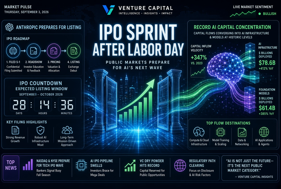 Startup and Venture Capital News — Thursday, September 3, 2026: IPO Sprint after Labor Day, Anthropic's Listing Preparation and Record AI Capital