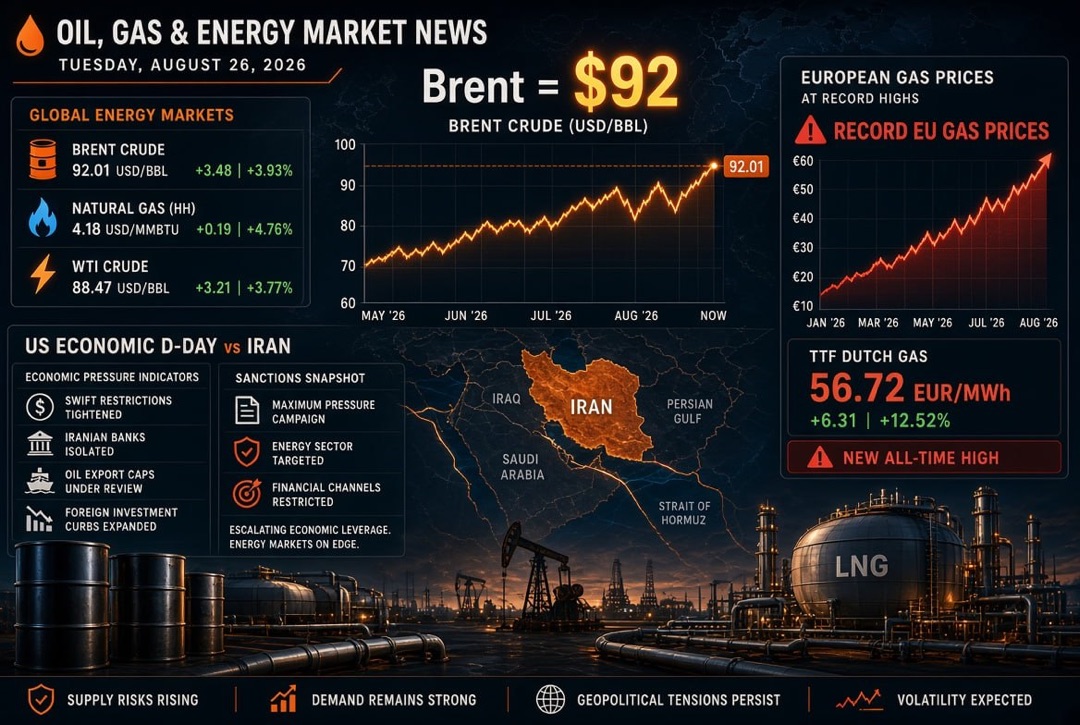 Oil and Gas News – Tuesday, August 26, 2026: USA’s "Economic D-Day" Against Iran, Brent at $92 and Record Gas Prices in Europe