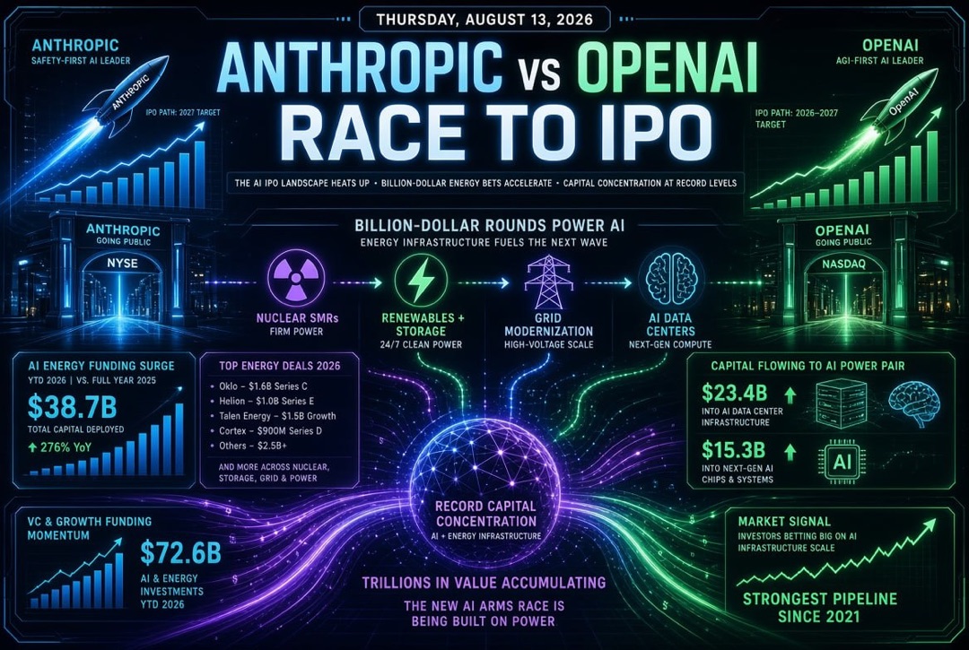 Startup and Venture Investment News — Thursday, August 13, 2026: The Race Between Anthropic and OpenAI to the Stock Exchange, Billion-Dollar Rounds in Energy for AI and Record Capital Concentration