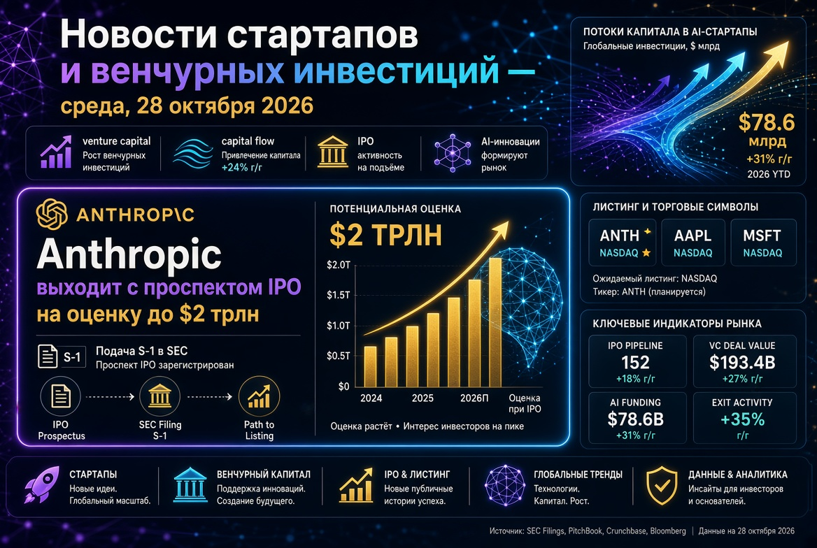 Startup and Venture Investment News — Wednesday, October 28, 2026: Anthropic releases IPO prospectus with a valuation of up to $2 trillion