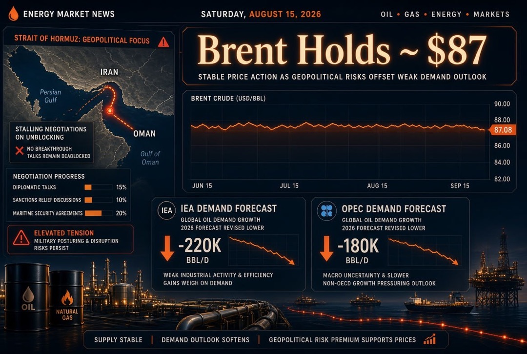 Oil and gas news - Saturday, August 15, 2026: Brent holds at $87 amid stalled talks on unlocking the Hormuz Strait; IEA and OPEC lower demand forecasts