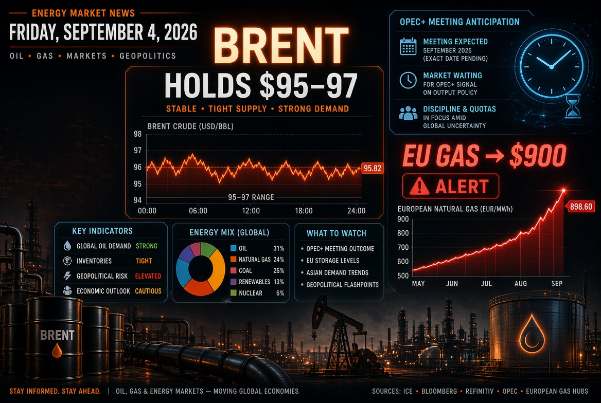 Oil and Gas News — Friday, September 4, 2026: Brent Holds at $95–97 Awaiting OPEC+ Meeting, Gas in Europe Hits $900