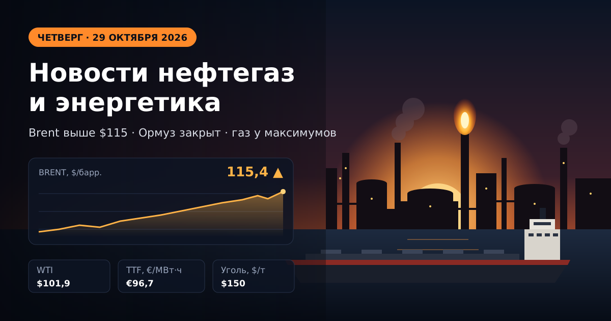 Oil, gas and energy news — Thursday, 29 October 2026: Brent above $115 after Houthi strike on Ras Tanura, gas in Europe at highs not seen since 2022