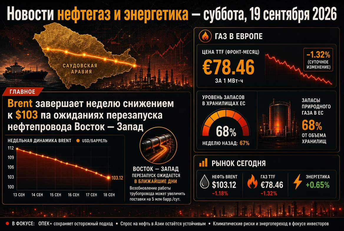 Oil and Gas and Energy News - Saturday, September 19, 2026: Brent Ends the Week Lower at $103 Amid Pipeline Restart Expectations, Gas in Europe Around €78 with 68% Reserves