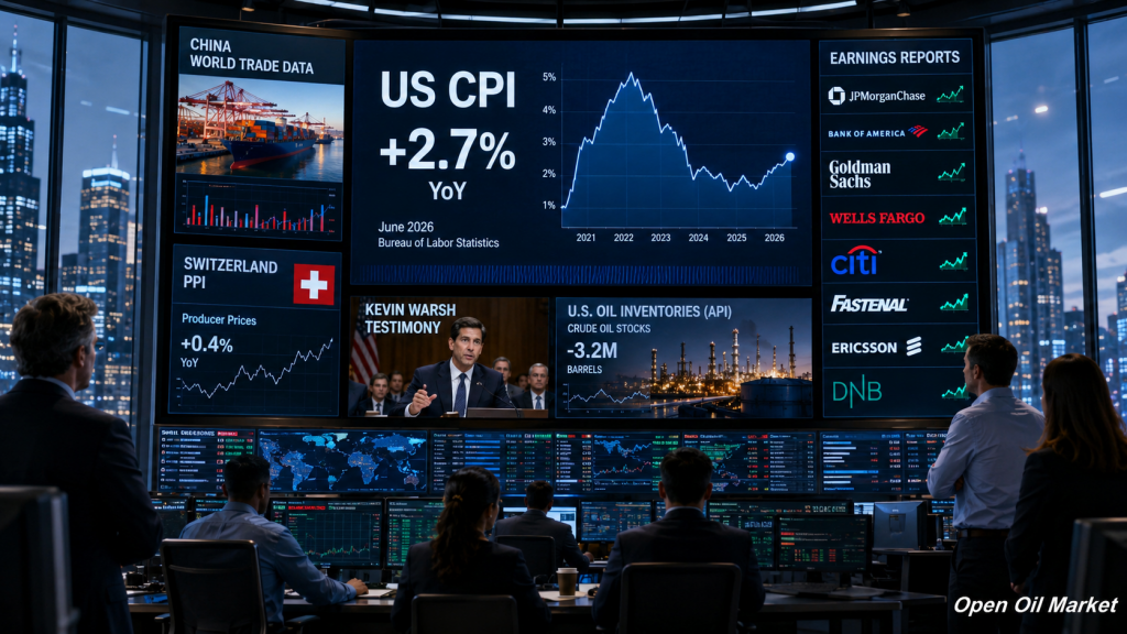 Global Markets on July 14, 2026 — US CPI, China Statistics, API Oil Reserves and Reports from JPMorgan, Bank of America, Goldman Sachs, Wells Fargo, and Citigroup