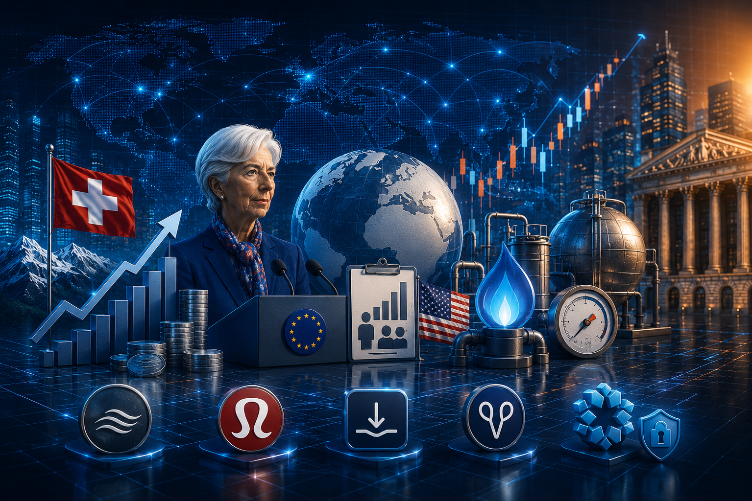 Economic events and corporate reports for 4 June 2026: Switzerland CPI, Lagarde speech, US jobless claims, EIA gas storage, and reports from Ciena, Lululemon, DocuSign, Samsara, and Rubrik