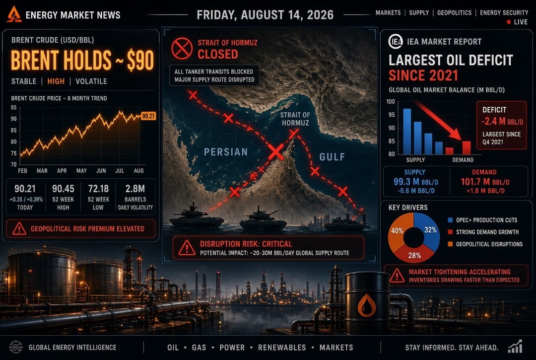 Oil and Gas News and Energy - Friday, August 14, 2026: Brent Holds at $90 Amid Closed Strait of Hormuz; IEA Reports Largest Oil Deficit Since 2021