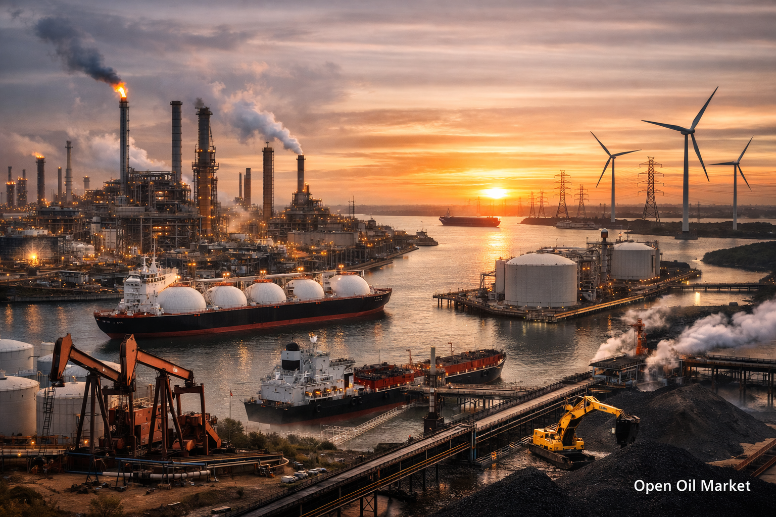 Oil Refinery, LNG Terminal, Oil Tankers, and Coal Port at Sunset — Global Oil and Energy Market February 18, 2026