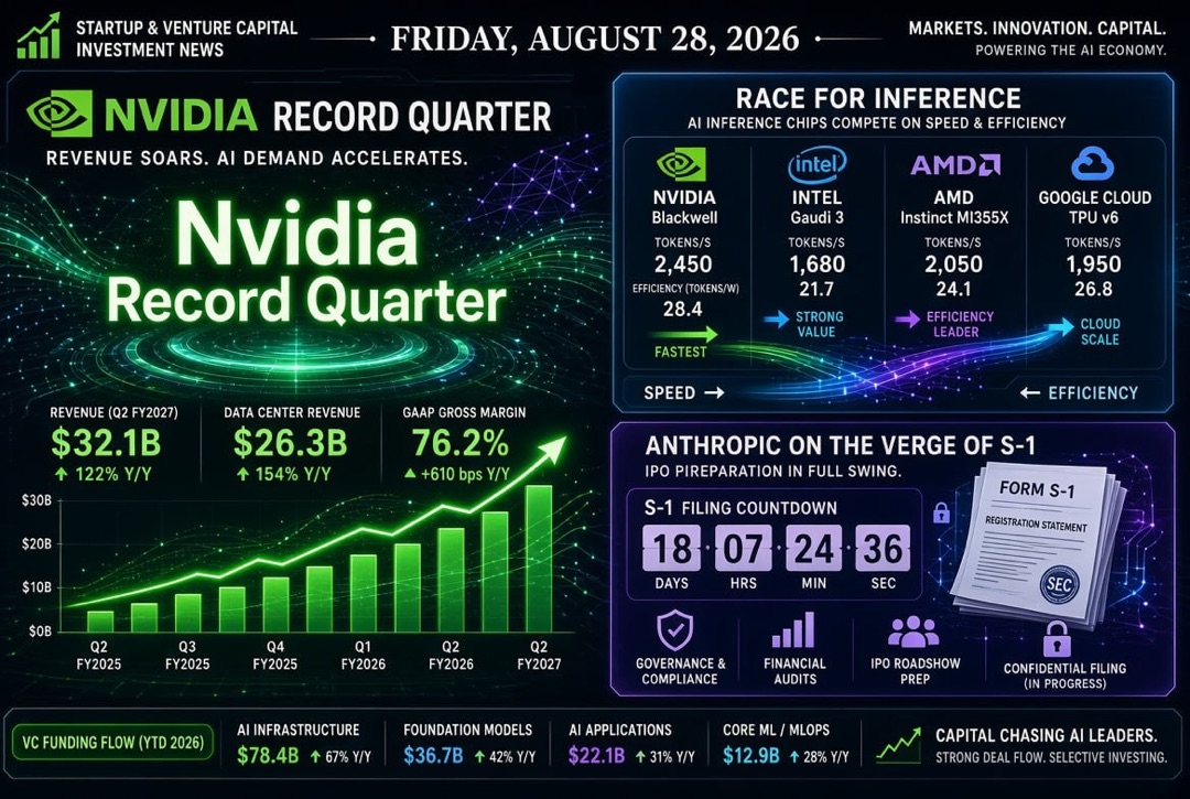 Startup and Venture Investment News — Friday, August 28, 2026: Nvidia's Record Quarter, the Race for Inference, and Anthropic on the Brink of Public S-1