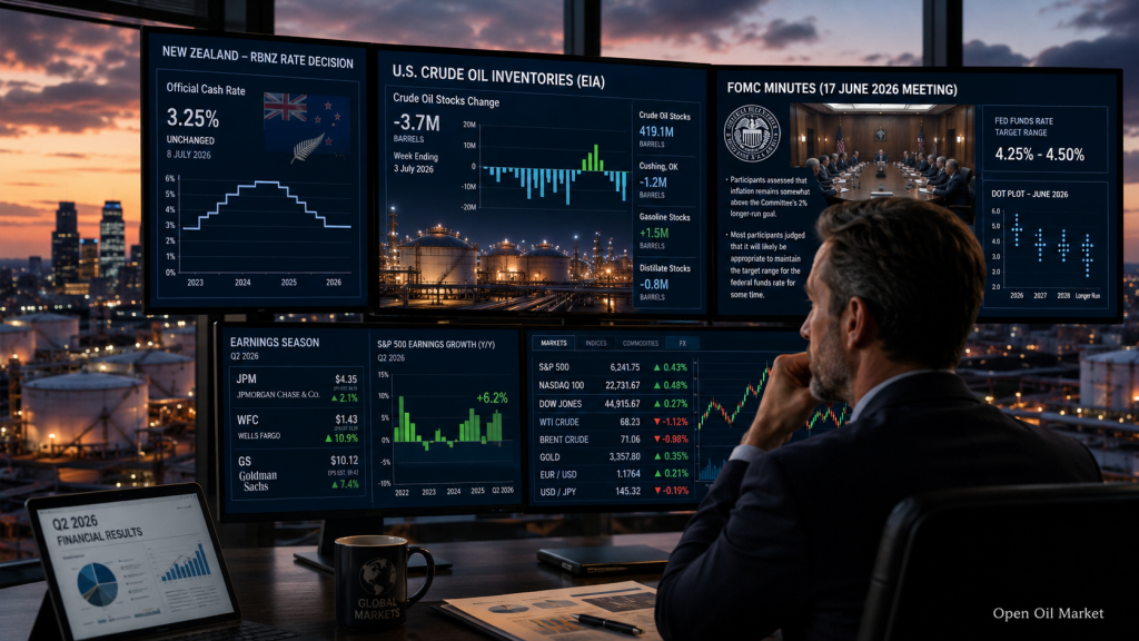 Economic Events and Corporate Reports, Wednesday, July 8, 2026: RBNZ Rate, EIA Oil Stocks, and FOMC Minutes