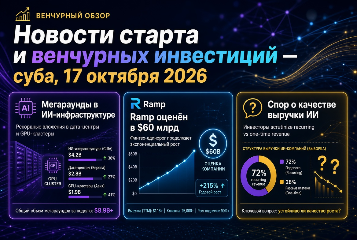 Startup and Venture Capital News — Saturday, October 17, 2026: Mega Rounds in AI Infrastructure, Ramp Valued at $60 Billion and Debate on AI Revenue Quality