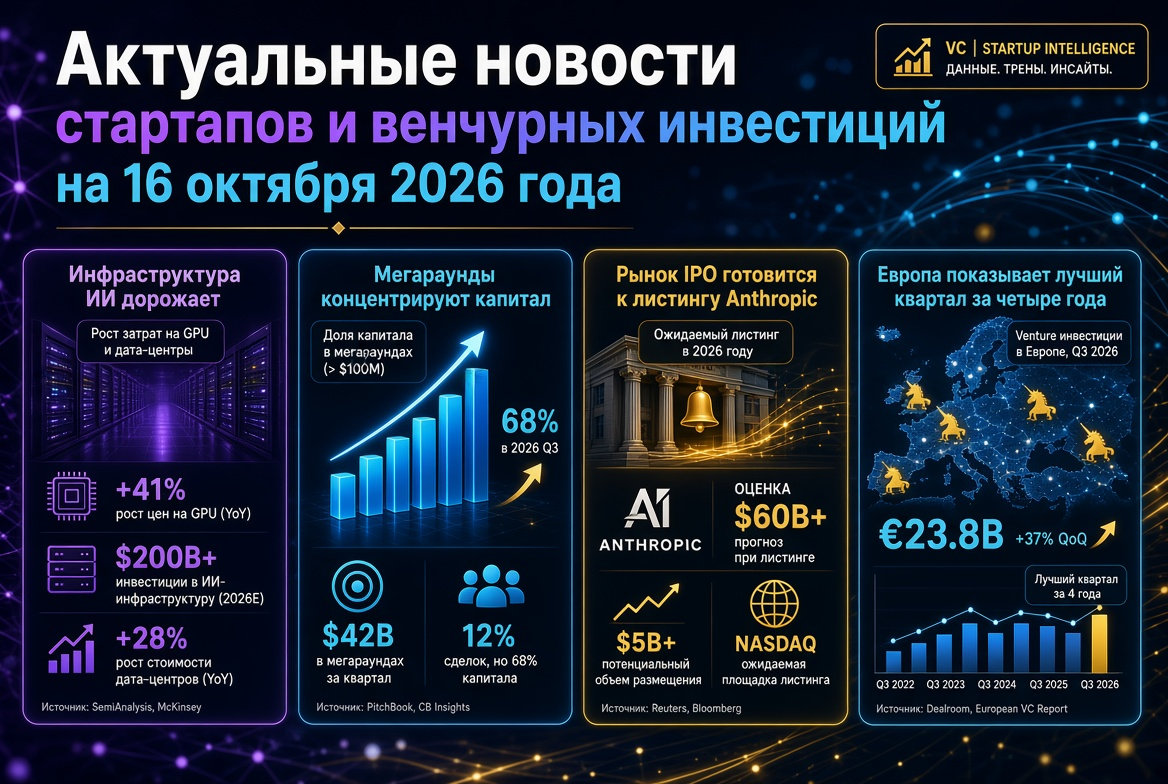 Current News on Startups and Venture Investments as of October 16, 2026: AI Infrastructure Rising, Mega-Rounds Concentrating Capital, IPO Market Preparing for Anthropic Listing, and Europe Showing Best Quarter in Four Years
