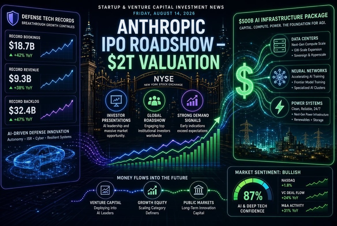 Startup and Venture Capital News – Friday, August 14, 2026: Anthropic's $2 trillion IPO roadshow, $500 billion package for AI infrastructure, and defense technology records