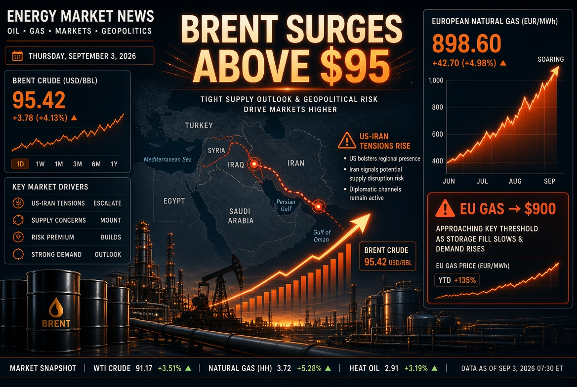 Oil and Gas News - Thursday, September 3, 2026: USA and Iran Escalation Drives Brent Above $95, Gas in Europe Rises to $900