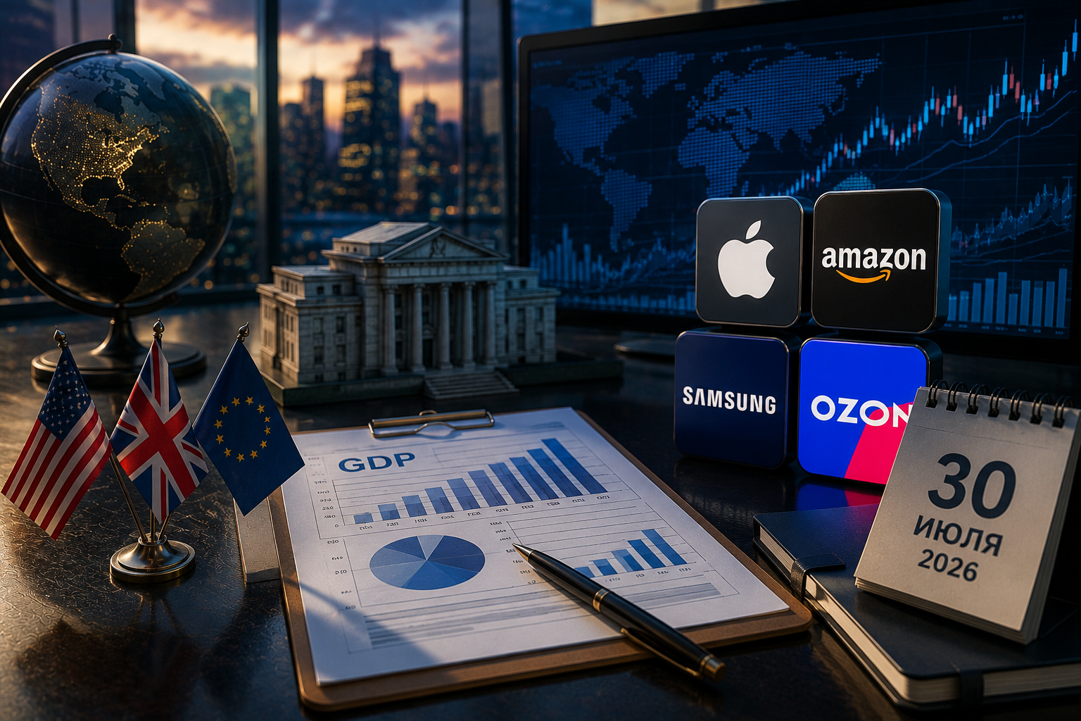 Economic Events and Corporate Reports: Thursday, July 30, 2026 — US GDP, Bank of England Decision, Reports from Apple, Amazon, Samsung, and Ozon