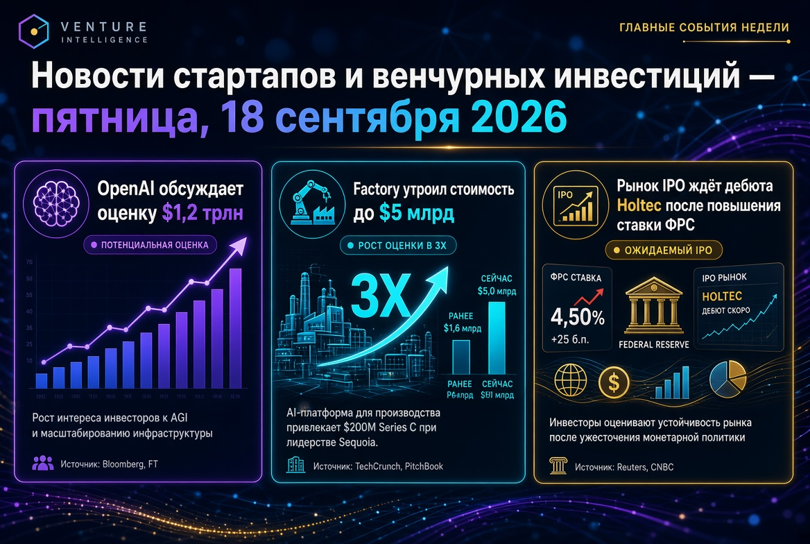 Startup and Venture Capital News — Friday, September 18, 2026: OpenAI Discusses $1.2 Trillion Valuation, Factory Triples Valuation to $5 Billion, IPO Market Awaits Holtec's Debut Following Fed Rate Hike