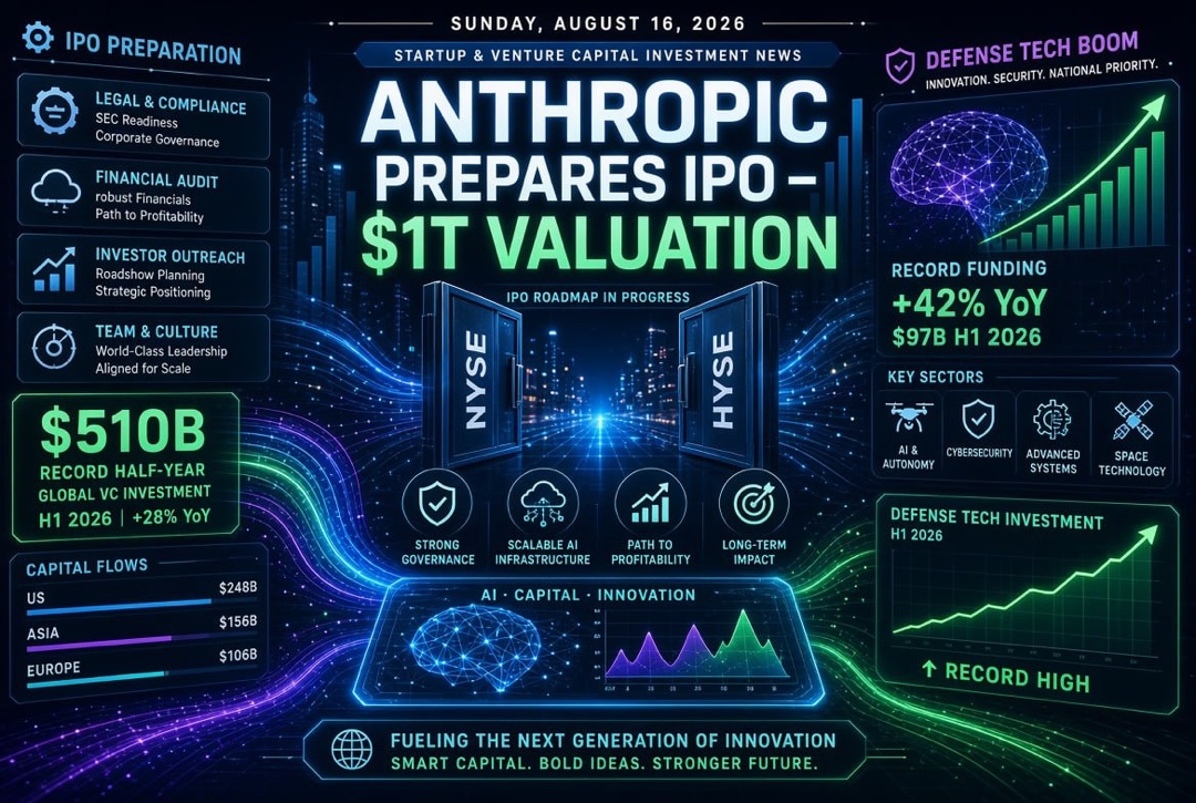 Startup and Venture Capital News — Sunday, 16 August 2026: Anthropic Plans $1 Trillion IPO, Record $510 Billion for the Half-Year and a Boom in Defence Technologies