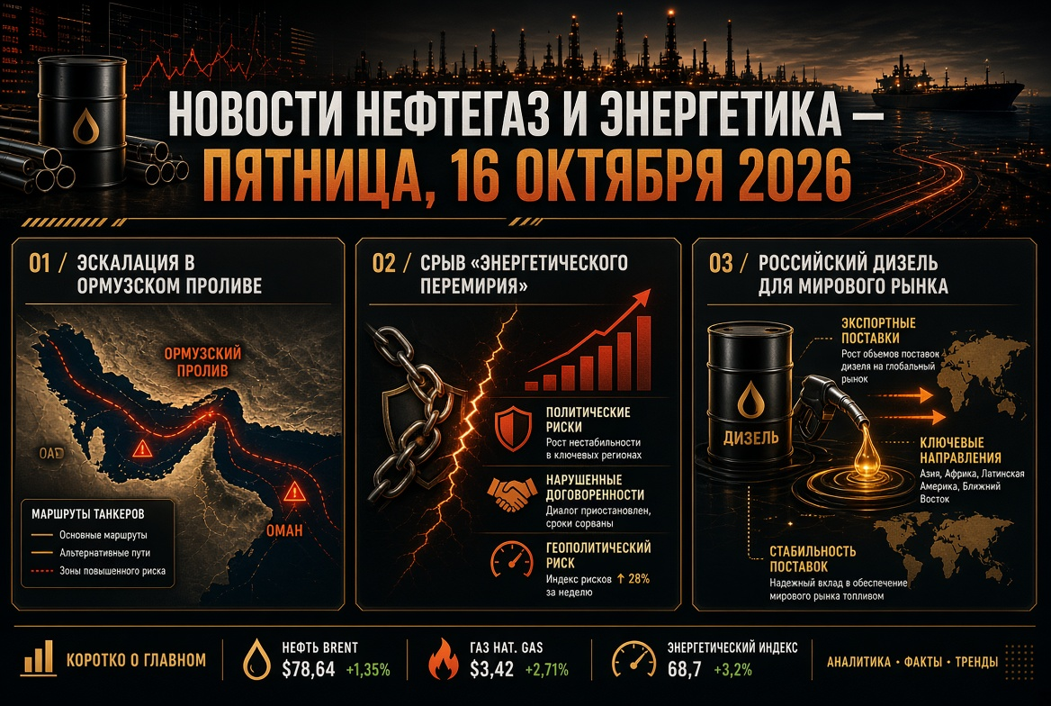 Oil and Gas News — Friday, 16 October 2026: Escalation in the Strait of Hormuz, Breakdown of the "Energy Truce," and Russian Diesel for Global Markets