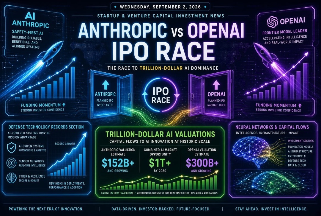 Startup and venture capital investment news for Wednesday, 2 September 2026: the Anthropic and OpenAI IPO race, trillion-dollar AI valuations and defence technology records
