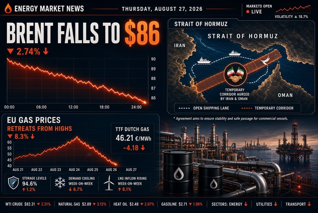 Petroleum and energy news - Thursday, August 27, 2026: Iran and Oman agree on a temporary corridor in the Hormuz Strait, Brent falls to $86, gas in Europe retreats from highs